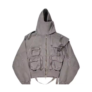 Sweat à capuche double couche surdimensionné 500 Gsm, coupe et couture, sweats à capuche courts et lourds, poches cargo 3D, sweat à capuche zippé - Product Image 1