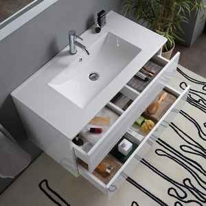 Meuble de salle de bain mural blanc brillant de 90 cm avec 2 tiroirs, miroir et lampe Baltimora, ensemble élégant - Product Image 3