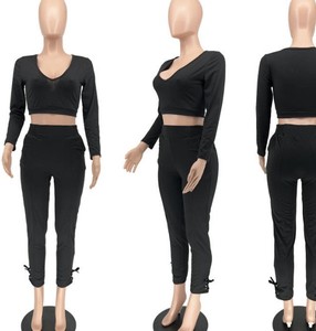 Vêtements pour femmes décontracté à manches longues haut court taille haute pantalon à cordon ensemble de pantalons deux pièces - Product Image 4