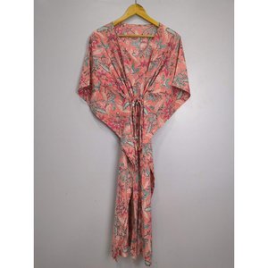 Boho Style <b>Kaftan</b> Dress Indian Handprinted Salmon Pink Floral Blossom Breathable Lightweight Cotton Swimsuit Cover Ups - Product Image 1