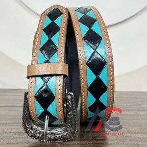 <b>Top</b> Brand Professional Manufacturer Checkered Hand Tooled Cowhide Leather Belt for Unisex Genuine High Grade Adjustable Belts - Product Image 1