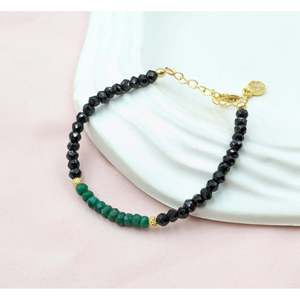 Black Spinel & Emerald Beaded Bracelet with Gold Plated <b>Charm</b> Zircon and Pearl Main Stones for Gift - Product Image 2