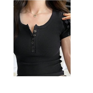 Prix de gros, débardeur sexy pour femmes, broderie à boutons, vintage, personnalisable, 100% coton, t-shirt à col en V - Product Image 5