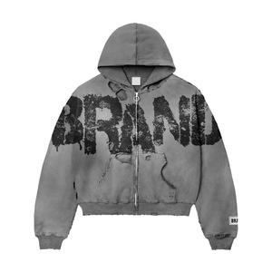 Survêtement unisexe en molleton de coton doublé tricoté sur mesure, imprimé surdimensionné, avec capuche à double fermeture éclair, streetwear, capuche 100% unie, hiver - Product Image 3