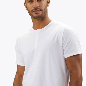 Camiseta blanca con dobladillo curvo de Henley, prenda de vestir, de algodón 62% y 33% licra, suave, 5% poliéster, lo más vendido - Product Image 6
