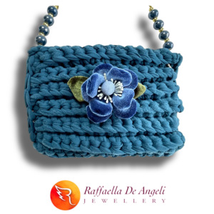 Sac à bandoulière en coton crocheté fait main Printemps Été Sangle unique Boutons Fleurs Motif géométrique Bleu sarcelle 60cm Italie - Product Image 3