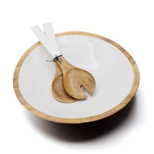 Tazón de Madera para Mesa de Comedor, Decorativo y para Servir Ensaladas y Frutas, con Cucharas y Estampado Esmaltado - Product Image 2