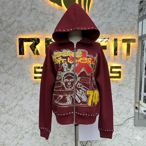 Nouveau arrivé, meilleur prix, qualité durable, sweat à capuche zippé avec fermeture éclair, sweat à capuche en molleton pour homme, streetwear, lavage à l'acide, avec strass - Product Image 1