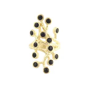 可爱的外观小圆形黑色玛瑙多石声明戒指24k镀金金丝设计可堆叠戒指6.5美国尺寸戒指