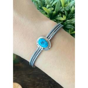 Navajo Handcrafted Kingman Turquoise <b>Sterling</b> <b>Silver</b> <b>Cuff</b> <b>Bracelet</b> - Product Image 2