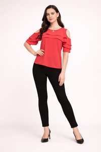 Camiseta Elegante de Diseño para Mujer, Marca Shoryam, Color Rosa, Hombros Descubiertos, con Volantes, Estilo Formal, Crepé, Secado Rápido |   Calidad de Exportación - Product Image 5