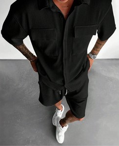 ชุดเสื้อกางเกงขาสั้นผ้าฝ้าย100% คุณภาพพรีเมี่ยมชุดเสื้อยืดคอปกพับลงแบบกำหนดเองชุดกางเกงขาสั้นระบายอากาศมีสไตล์สำหรับผู้ชาย - Product Image 3