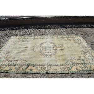 Alfombra de lana turca Vintage de 5 pies y 9 pulgadas, diseño de retales verde y beige, técnica de tejido plano para decoración para sala de estar, 4m de ancho - Product Image 4