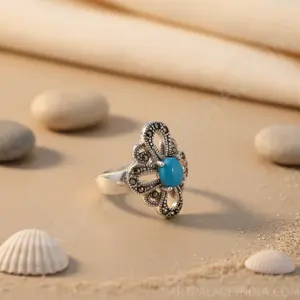 925 <b>Silver</b> Turquoise Marcasite Cluster <b>Ring</b> for Women <b>Statement</b> Fine Jewelry with Rhodium Plating Handset Setting - Product Image 3