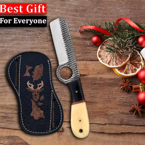 Cuchillo de Caza de Acero de Damasco Personalizado al por Mayor OEM, Cuchillo de Hoja Fija de Grado Industrial con Mango de Hueso y Funda de Cuero - Product Image 4