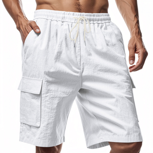 Shorts cargo blancs en coton pour hommes, taille élastique, style décontracté Bermuda avec poches, tissu tissé respirant, taille mi-haute, vente en gros - Product Image 4