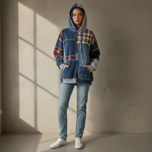 OEM Custom Scrap Fabric Design Winter Women's Front Logo Hoodie Sustainable Fashion Reworked Denim and <b>Flannel</b> Pullover - Product Image 3