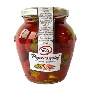 Condimento per Frutti di Mare Tissi, Peperoncini Conservati Ripieni di Acciughe e Capperi 314ml X 6 Pezzi 280g - Product Image 1
