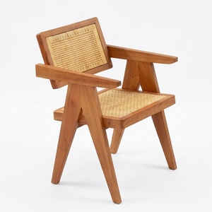 Natural Teak Wood Woven Rattan <b>Armchair</b> V Leg Chandigarh Style Accent <b>Dining</b> Chair Outdoor Patio Setup Art Design Decor - Product Image 1