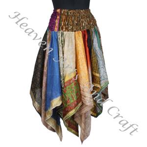 Falda Midi DS013 con Corte de Sirena, Estilo Gitano Tribal, Patchwork, Hecha a Mano con Seda Reciclada de Sari, Estilo Casual, Larga, para Festivales de Verano - Product Image 6