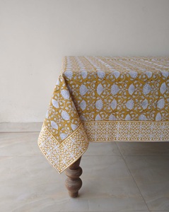 ผ้าปูโต๊ะผ้าฝ้ายลายดอกมัสตาร์ดงานแฮนด์เมดดีไซน์แบบบล็อคสำหรับการรับประทานอาหารงานแต่งงานในโอกาสพิเศษของตกแต่งบ้าน - Product Image 4
