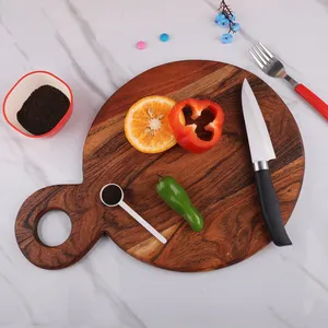 Nouveau bois d'acacia fabriqué à la main grandes planches de service rondes naturelles poignée cuisine utiliser hacher couper fromage Pizza blocs à découper - Product Image 6