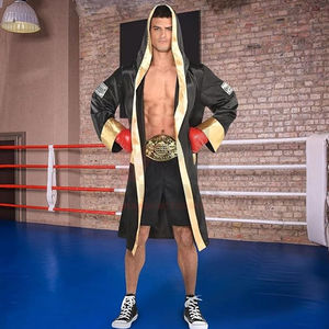 Mens Satin <b>Black</b> Boxing Robe Costume Adult Halloween <b>Boxer</b> Outfit with Robe, Shorts & Championship Belt - Product Image 4