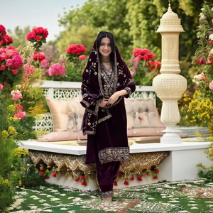 Elegante Traje Anarkali de Manga Larga, Tela de Terciopelo Viscoso Pesado, Bordado con Lentejuelas, Dupatta a Juego, para Fiestas de Invierno, Color Antra - Product Image 1