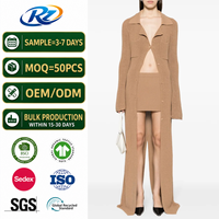 Robe longue côtelée en mélange de coton pour femme, col à revers boutonné, manches longues, couleur camel, douce et confortable