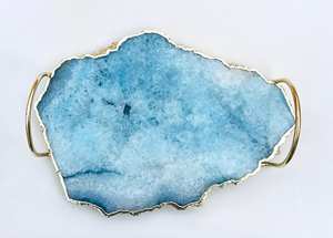 Plateau décoratif élégant et moderne à usage domestique, pierre d'agate bleue naturelle faite à la main avec poignée plaquée or, prix de gros bon marché - Product Image 2