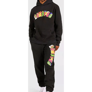 2025 Logo personnalisé deux pièces Baggy Streetwear vêtements pour hommes survêtement noir lourd Logo solide maternité à capuche pantalon ensemble - Product Image 1