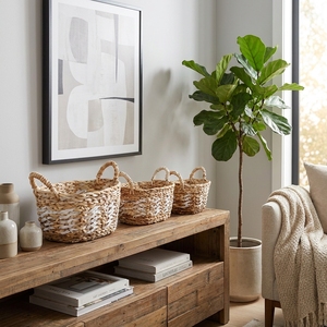 Juego de Cestas de Almacenamiento de Jacinto de Agua Natural, Diseño Ovalado con Patrón Blanco, Organizador de Mesa, Decoración, Diseño Artístico Puro - Product Image 6