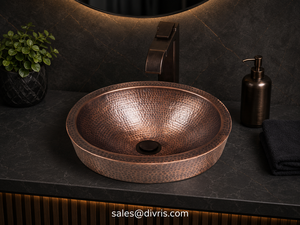 Évier de cuisine DIVRIS en cuivre martelé fait main, rond, à cuve unique, surface polie, installation sur comptoir, lavabo moderne - Product Image 3
