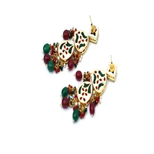 Juego de Joyería Fina de Lujo con Incrustaciones de Polki Kundan Rojo y Verde, Chapado en Oro con Circonita y Perla para Regalos - Product Image 5