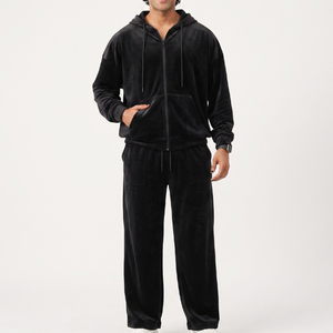 Men's Eco-Friendly Winter Velvet Zip-Up Hooded Tracksuit <b>Set</b>-Breathable Windproof Customizable Logo <b>Black</b>/White/Gray Custom OEM - Product Image 1