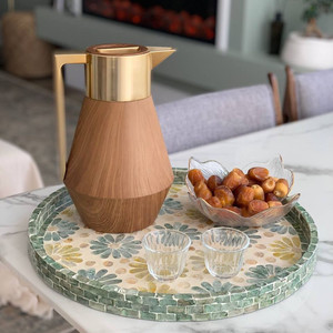 Bandeja para servir con incrustaciones florales de perlas, bandeja redonda de té con incrustaciones de concha de mar para comida y bebida, hecha a mano - Product Image 3