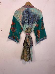 Peignoir court confortable pour femme, style bohème, imprimé floral, patchwork de soie, ouverture devant, pour demoiselle d'honneur - Product Image 5