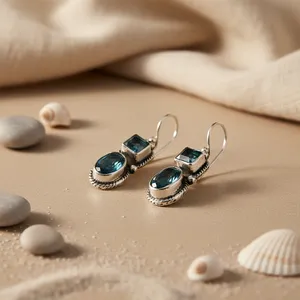 Boucles d'oreilles en argent sterling 925, topaze bleue, diamant, saphir, plaqué or, or rose, design floral, tendance, cadeau pour femme pour fiançailles - Product Image 1