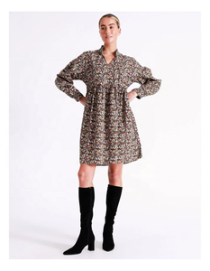 Vacation Shoulder Knee-Length Viscose A-Line Casual <b>Dress</b> V-Neckline Stand Collar Volume with Buttoned Cuffs <b>Elasticated</b> Waist - Product Image 1