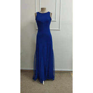 Women's Strappy Crew Neck Asymmetrical Flared Long Imported Crepe <b>Dress</b> with <b>Tulle</b> Hem Detail, 34799 - Saks <b>Blue</b> - Product Image 6