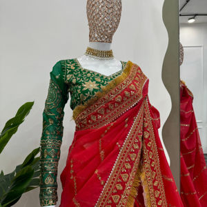 Saree ออกแบบที่สวยงามด้วยด้ายและลำดับการทำงานและเสื้อ - Product Image 1