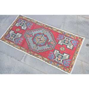 1.6x3.2 ft Vintage Turkish Small <b>Wool</b> Rug Eco-Friendly Patchwork <b>Red</b> Blue Rug with Latex Backing - Product Image 2