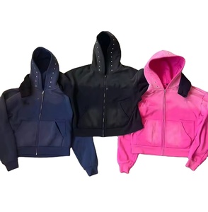 Sudadera con capucha de diamantes de imitación con remaches personalizados de alta calidad, Sudadera con capucha con cremallera y lavado ácido degradado desgastado Vintage de algodón de rizo francés - Product Image 3