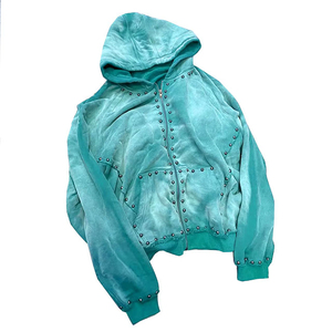 2025 nouveau Logo personnalisé sweat zippé haute qualité coton surdimensionné soleil délavé acide lavage strass pull à capuche - Product Image 4