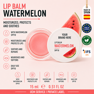 Private Label Watermelon <b>Lip</b> <b>Balm</b> SPF10 15ml <b>OEM</b> | Hydrating <b>Lip</b> Care Shea Butter Vitamin E | Spain EU - Product Image 1