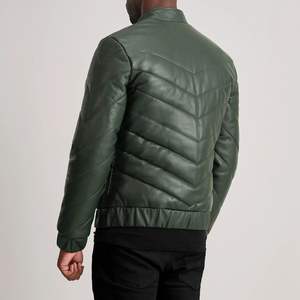 Veste matelassée en cuir verte personnalisée pour hommes Vente en gros de service OEM à col montant et fermeture à l'avant style hiver décontracté - Product Image 5