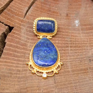 Collier pendentif Lapis Lazuli en argent sterling plaqué or et rhodium avec lunette cadeau de naissance fait main pour femme - Product Image 1