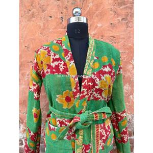 Wholesale Indian Cotton Eco-Friendly Winter Quilted Jacket <b>Kimono</b> Style Handmade Kantha Embroidery Vintage <b>Women</b> Boho Front Open - Product Image 1