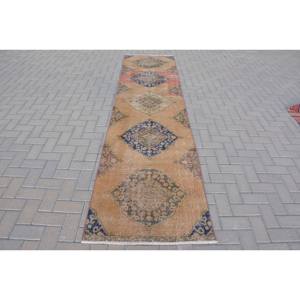 Tapis turc vintage traditionnel Beige bleu 2.7 X 11.3ft fait à la main en laine Patchwork Design pour adolescents Rectangle couloir Latex chevet - Product Image 1