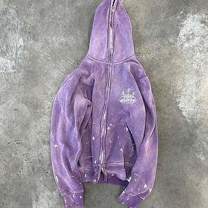 Sudadera con Capucha Corta de Algodón con Diseño de Letras y Logotipo Personalizado Vintage, Estilo Hip Hop, Lavada, con Efecto de Salpicaduras de Pintura - Product Image 2